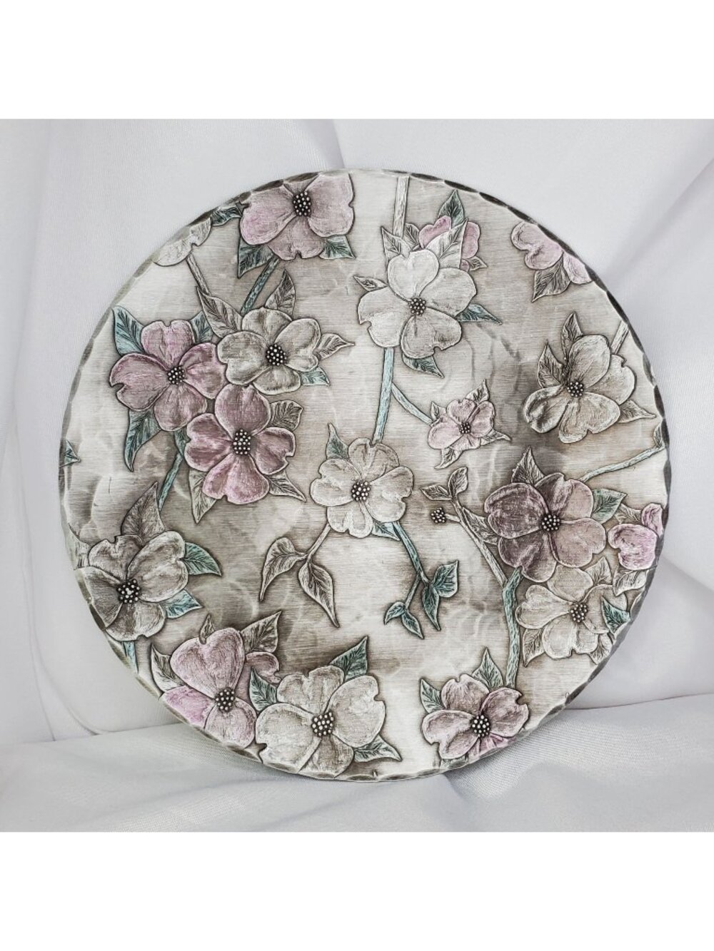 VTG American Forging USA Silver & Pastel Dogwood Floral Decorative Plate 9"